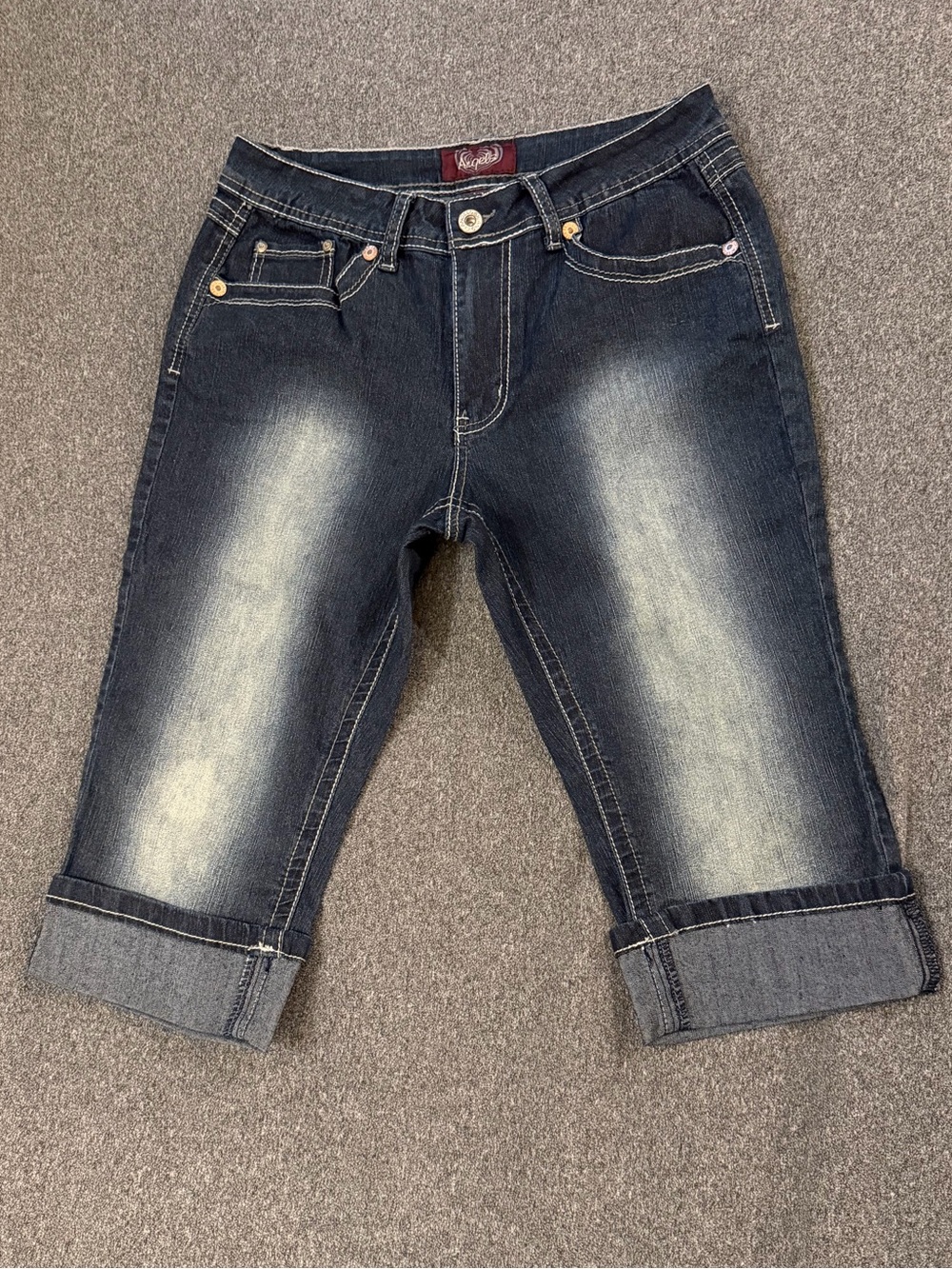 Angels Faded Dark Blue Rolled-Hem Jean Shorts
